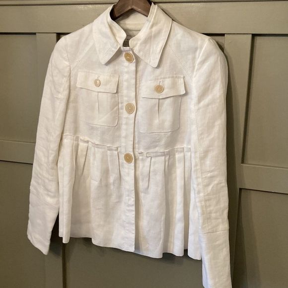 Zara 100% Linen White Button Front Pleated Blazer Jacket Size Medium - Picture 4 of 8